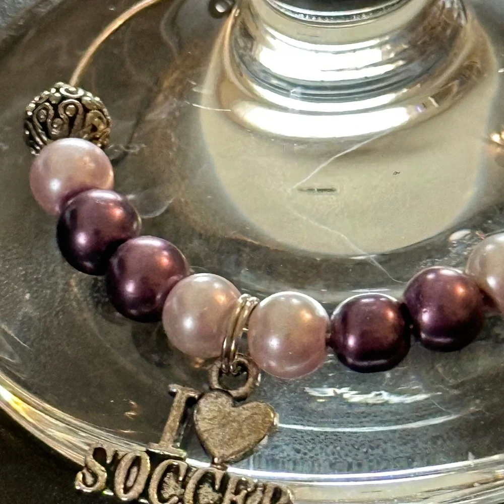 Wine glass tag, stainless steel purple/white/metal beads, Soccer charm